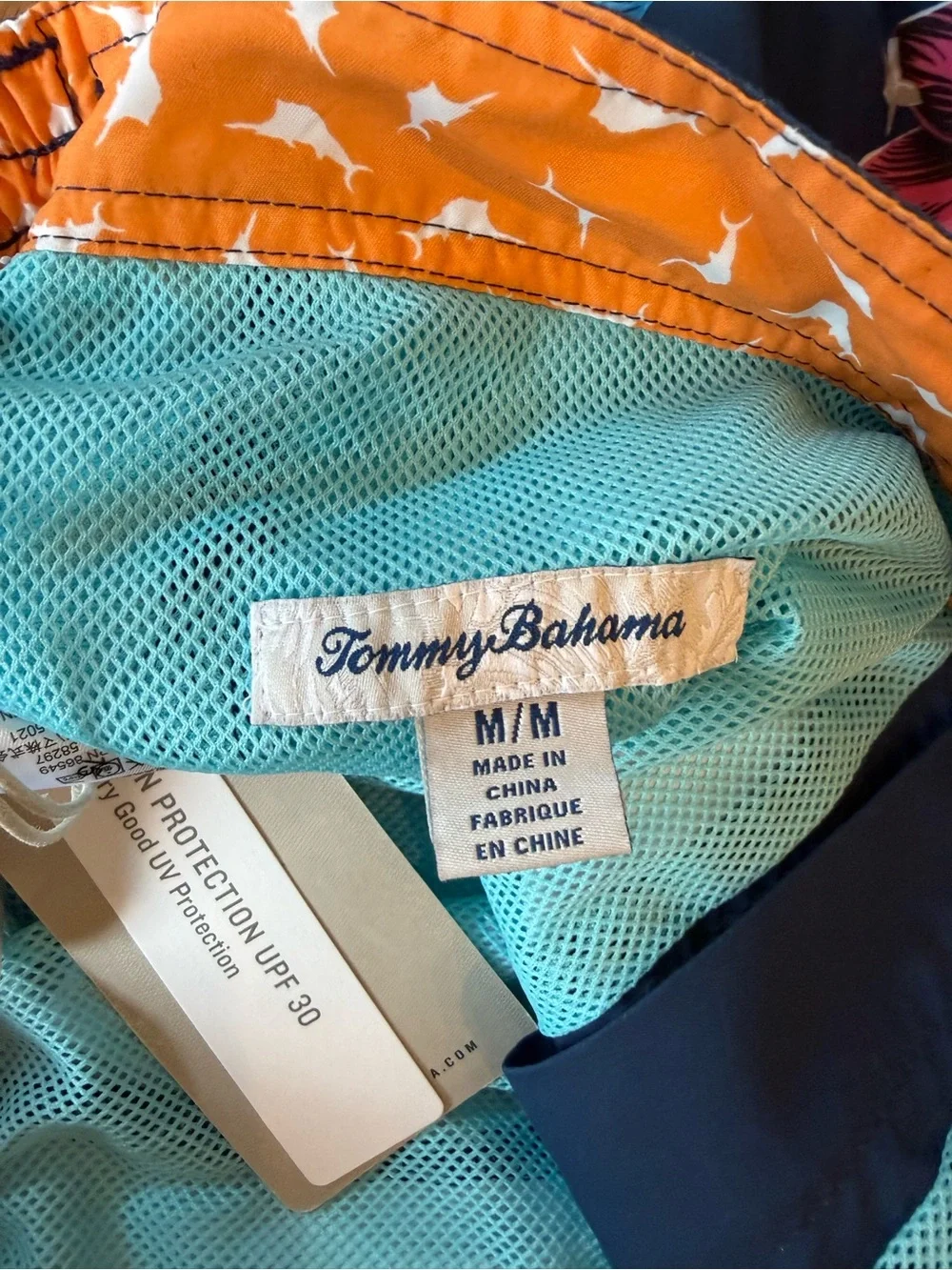 Tommy Bahama Navy Floral Swim Board Shorts with White Stripes